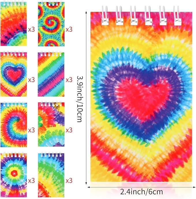 24 PCS Mini Tie Dye Notebooks Small Spiral Notebook Mini Journal Pocket Notebook for Party Supplies Mini Notebooks Bulk for Tie Dye Party Gift Classroom Rewards