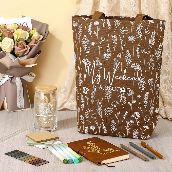 Havawish 14 Pcs Book Lovers Gift for Women 16 oz Glass Cup Tote Bag A6 Journal Notebook Pens Highlighters Sticky Notes Back to School Teacher Librarian Bookish Book Club(Brown,Aesthetic)