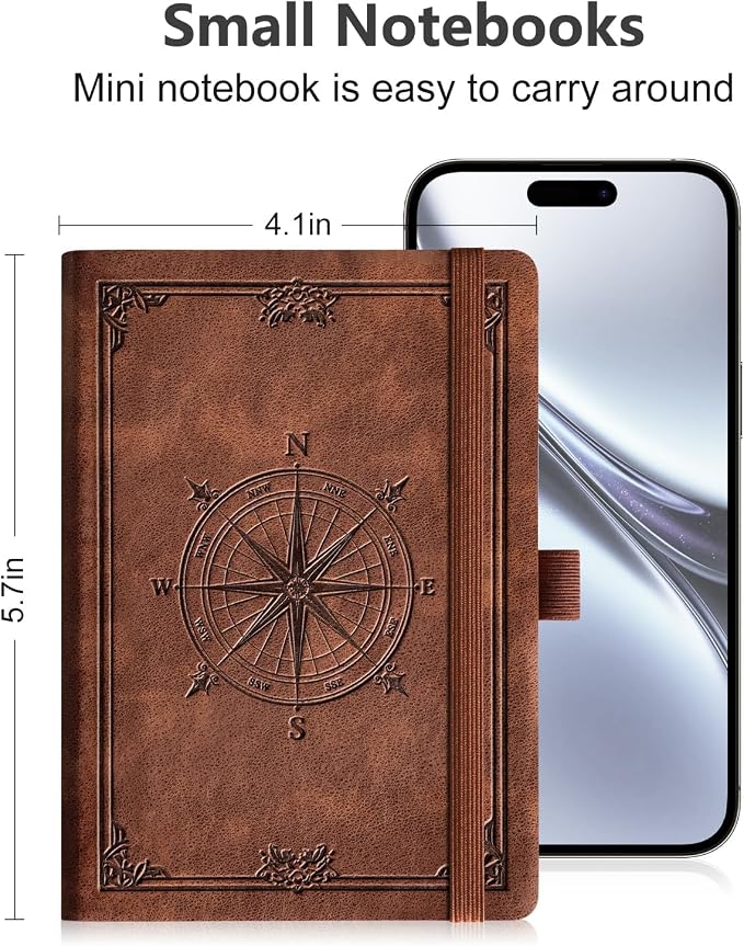AHGXG Small Lined Pocket Notebook, 256 Numbered Pages, B6 (4.1'' X 5.7'') | College Ruled Mini Journal, Vintage Leather Softcover, 80gsm Paper, for Men Women Work Office School (Brown)