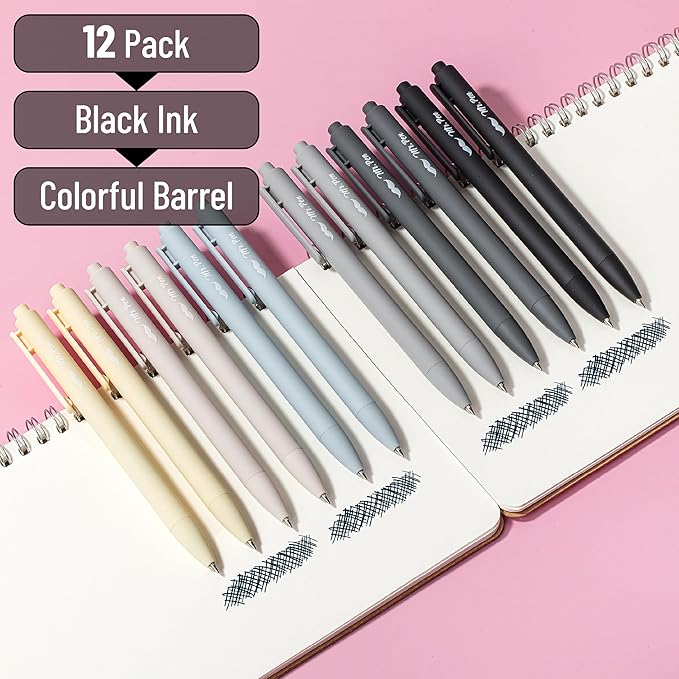 Mr. Pen- Retractable Gel Pens, 12 Pack, Black Ink | Monochrome Elegance Barrel, Fine Point 0.5mm, Fast Dry, Smooth Writing, Cute Pens for Drawing