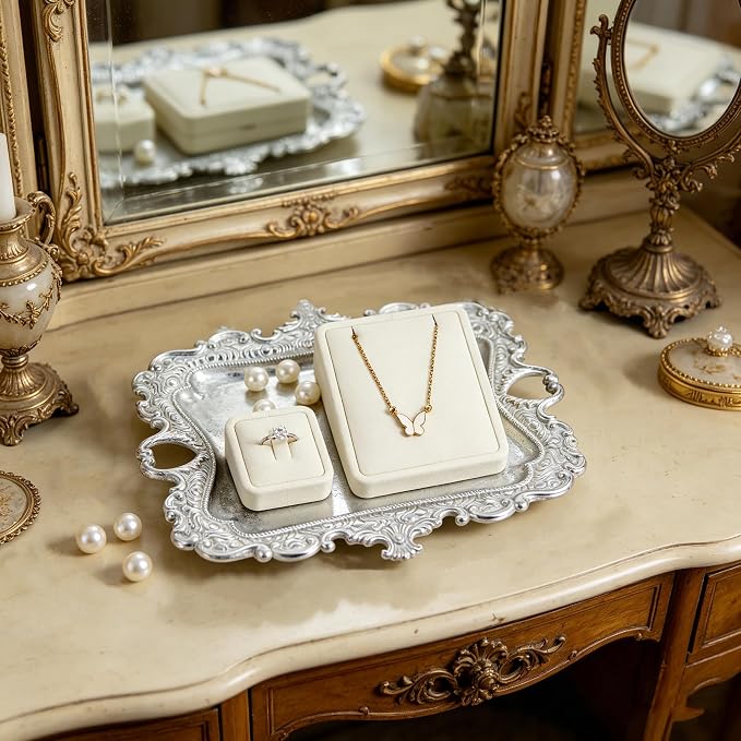 Funly mee 8 x 7 inches Antique Trinket Dish Vintage Jewelry Tray, Ring Holder (Sliver, M)