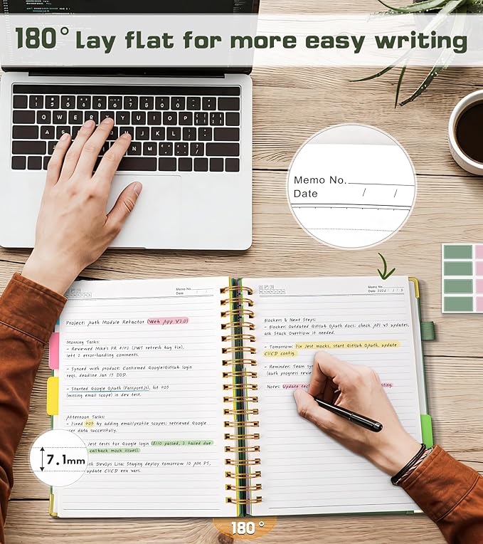 5 Subject Spiral Notebook Journal with Removable Dividers Tabs, 300 Pages Organizer Notebooks for Work School, A5 Hardcover Leather Notebook College Ruled, Lined Journal for Women Men，Sage