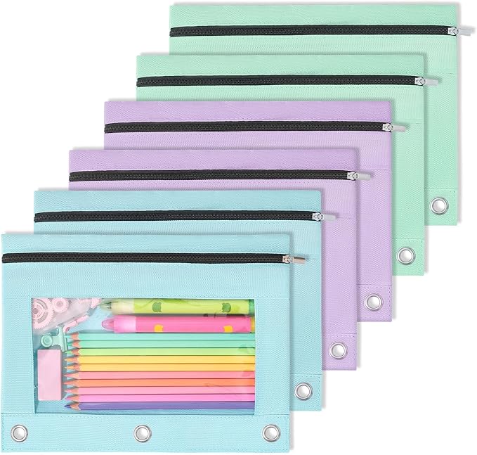 SUNEE Pencil Pouch for 3 Ring Binder, 6 Pack Zipper Binder Pouches, 2 Light Blue, 2 Light Purple & 2 Light Green, Pencil Bag Organizer for School Supplies, Students & Office Use