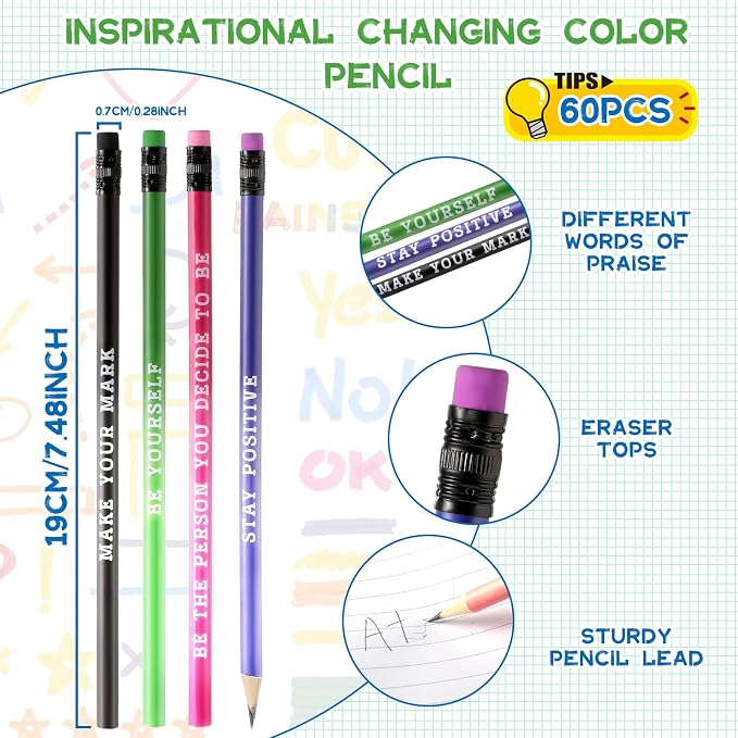Gersoniel 60 Pcs Personalized Pencils with Name Motivational Fun Pencils Inspirational for Student Color Changing Mood for Kid(Multicolor,Classic Style)