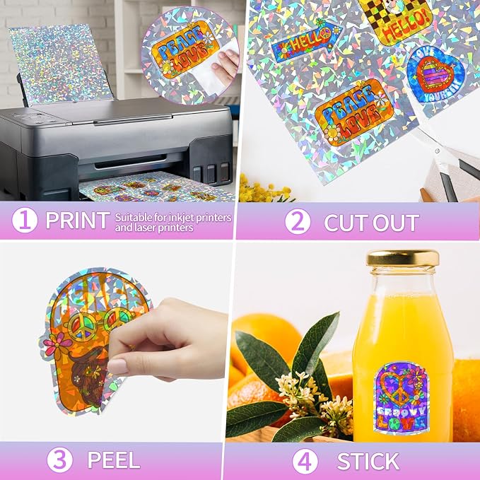 STARLIBOO 25 Sheets Holographic Sticker Paper, Diamond Pattern Printable Vinyl for Inkjet & Laser Printer, Broken Glass Effect, Waterproof, Dries Quickly (8.5" x 11")