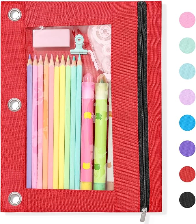 SUNEE Pencil Pouch for 3 Ring Binder, Large Zipper Pencil Case with Clear Window, 3 Reinforced Grommets, Binder Accessories for School and Office Supplies Storage, Red