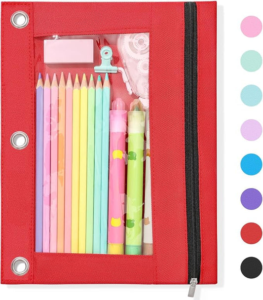 SUNEE Pencil Pouch for 3 Ring Binder, Large Zipper Pencil Case with Clear Window, 3 Reinforced Grommets, Binder Accessories for School and Office Supplies Storage, Red