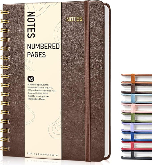 Lined Spiral Journal Notebook, A5 Hardcover Spiral Journals for Women Men, 150 Numbered Pages Spiral Bound Notebook, 100 GSM College Ruled Notebooks for Writing Note Taking 5.75" x 8.38", Dark Brown