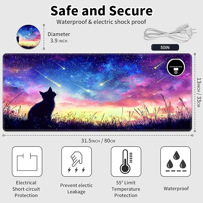 Warm Desk Pad,Heated Desk Pad,Office Mat,3 Heating Levels & 3 Hours Auto Shut-Off,31.5"*13" Gaming Mouse Laptop Keyboard Leather Desk Mat,Colorful Galaxy Cat