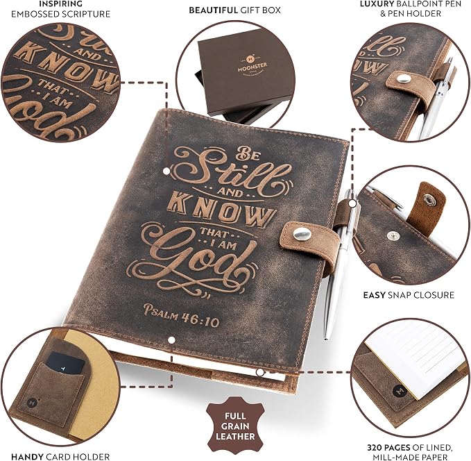 moonster Refillable Psalm 46:10 Bible Verse Embossed Journals with Pen – Milled A5 Leather Journal Lined Paper - Journals for Women Notebook with Pen Holder - 320 Pages