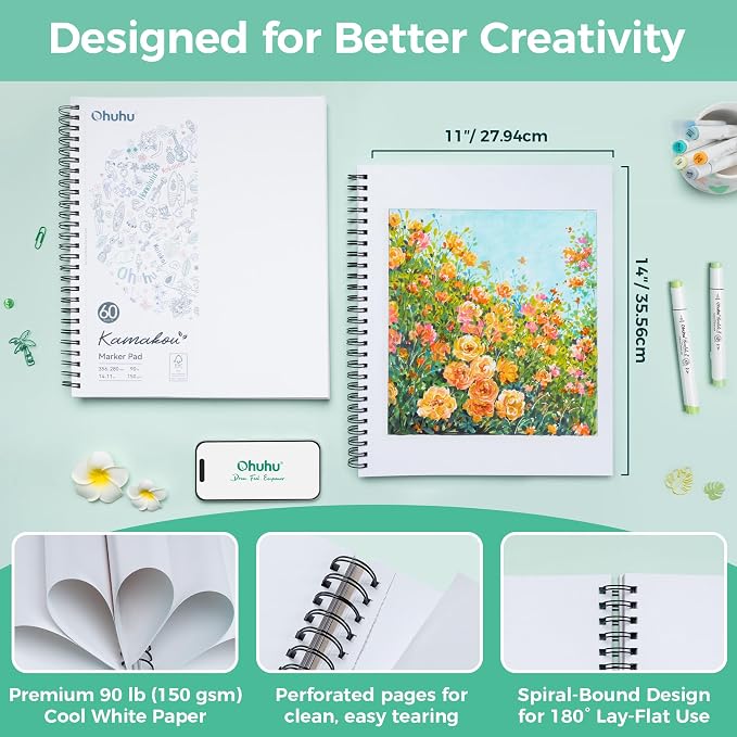 Ohuhu Double-Sided Marker Pad Sketchbook Bleedproof - 11"x14" Large Paper Size - 90 LB/150 GSM Smooth Drawing Paper - 60 Sheets/120 Pages - Spiral Bound Sketching Book for Alcohol Markers