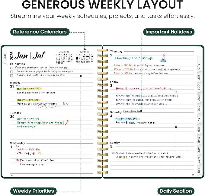 Planner 2026-2027, Weekly and Monthly Academic Year Planner Calendar, July 2026 - June 2027, Hardcover Large School Planning Agenda With Tabs, Perfect for School & Office Supplies, A4 (8.5" x 11"), Dark Green