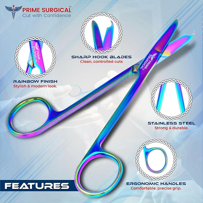 Suture Stitch Scissors 5” (13 cm) Straight – German Steel, Rainbow Titanium Coating, Delicate Hook Tip for Precision Ideal Suture Removal kit, First Aid, Hospitals, EMS & Veterinary Use