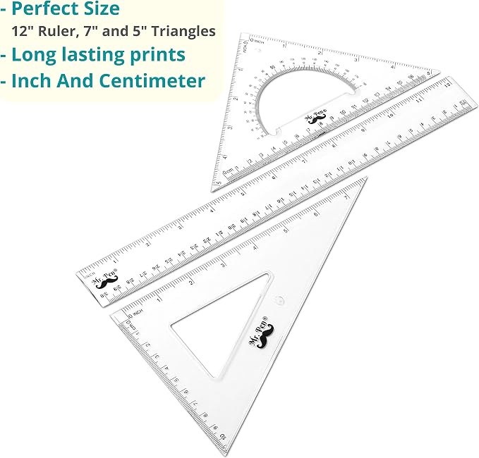 Mr. Pen Triangle Ruler, Protractor, Math Set - 3 Pack, Square Ruler | Protractor for Geometry