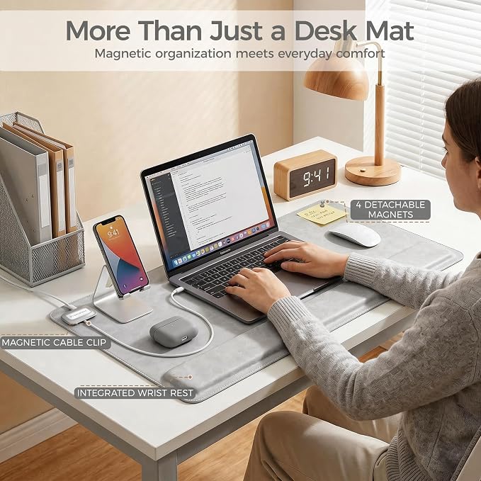 Magnetic Desk Mat System with Wrist Support 80×40cm, Premium Leather Desk Pad with Magnetic Accessories, Waterproof Non-Slip Desk Organizer for Office & Gaming