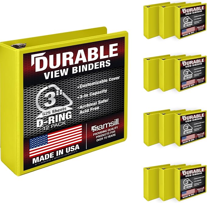Samsill Durable 3 inch 3 Ring Binder, D Ring Binder, 100% Recycled Chipboard, Yellow, 12 Pack