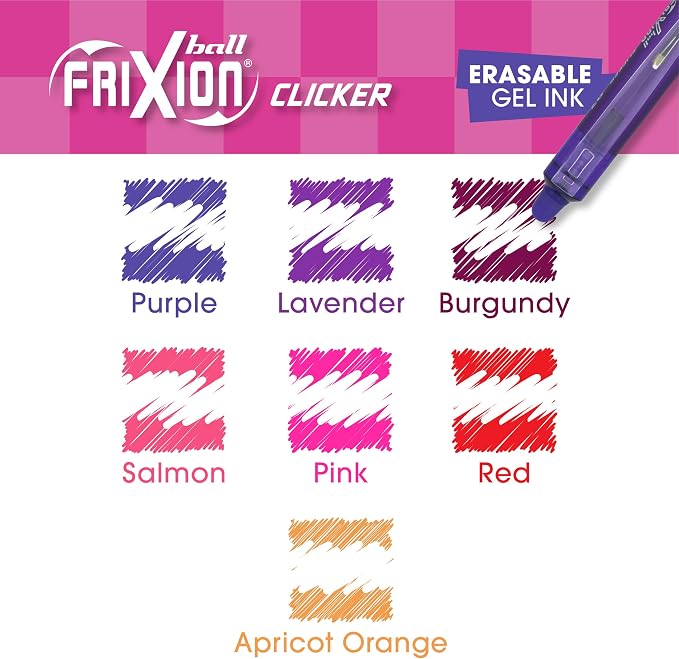 Pilot, FriXion Vibe Clicker Premium Erasable Gel Ink Pens, Find Your DreamGlow Vibe, Uplifting & Dreamy Colors, 7 Pack, Fine Point 0.7 mm, Assorted Pink/Purple Inks