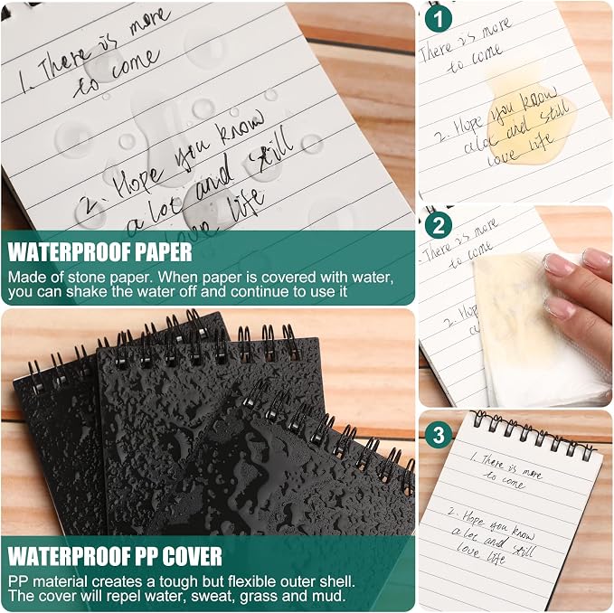 Geyoga 12 Pack Waterproof Small Notebooks 3" x 5" Top Spiral Notepads 100 Pages Mini Journals Pocket Notebooks Hardcover Memo Pads for Outdoor Work School (Black)