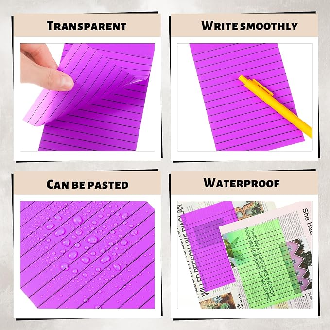 Yinder 6 Pack Colored Transparent Sticky Notes Translucent Clear Lined Self Sticky Notes, Back to School Gift Bible Tab for Planners, School Supplies Office, 30 Sheets/Pack, 4 x 6'' (Bright Color)