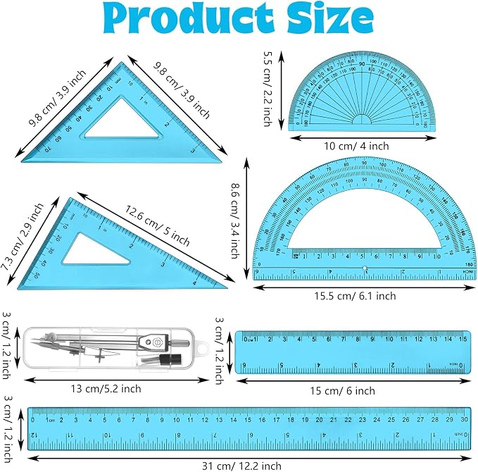 Zonon 7‑Piece Geometry Set with Drawing Compass, 6 & 4 Inch Protractors, Triangle Rulers and Straight Rulers, Transparent Math Drafting Supplies for Back to School, Students and Office Use(Blue)