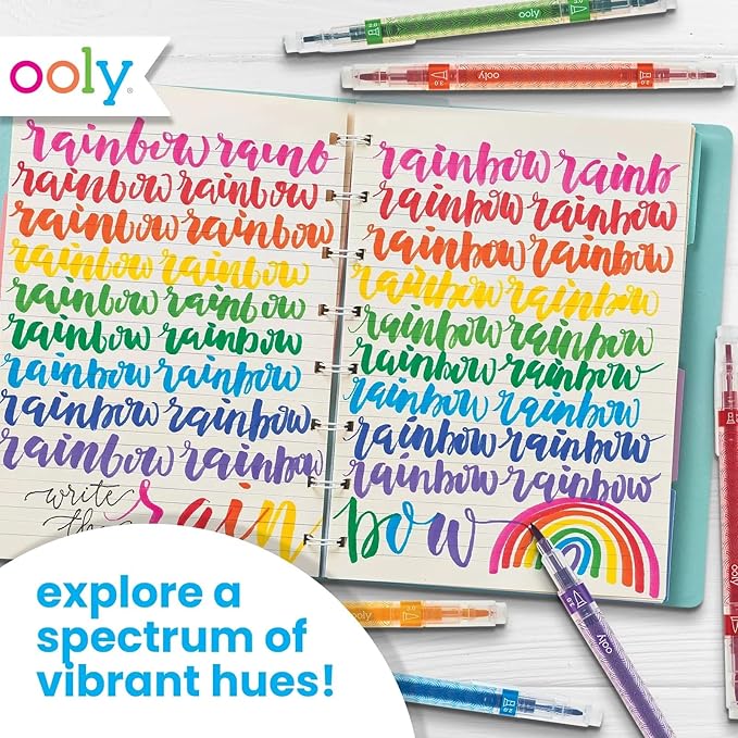 Ooly Calligraphy Duo Double-Ended Pens, Set of 12 | For Writing and Hand Lettering, Brush and Chisel Tip, Classic Colors, Acid-Free, Perfect for Beginners