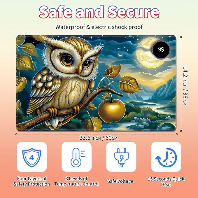 Heated Desk Pad Large Mouse Pad 23.6 x 14.1 inch with 3 Levels Heating & Auto Shut-Off Warm Mouse pad PU Leather Computer Mousepad for Home Office Work - Owl Moon