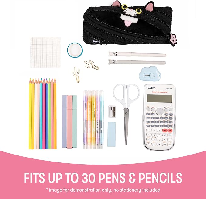ZIPIT Cat Pencil Case for Girls, Cute Zipper Pouch for Kids Teens, Stationery Bag for School,Black