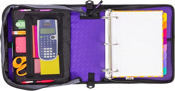 Case-it Mighty Zip Tab School Zipper Binder | 3-Inch O-Rings, 600-Sheet Capacity, 5-Subject Expanding File Folder, Multiple Pockets & Storage Organizer, Shoulder Strap | D-146 Purple Haze