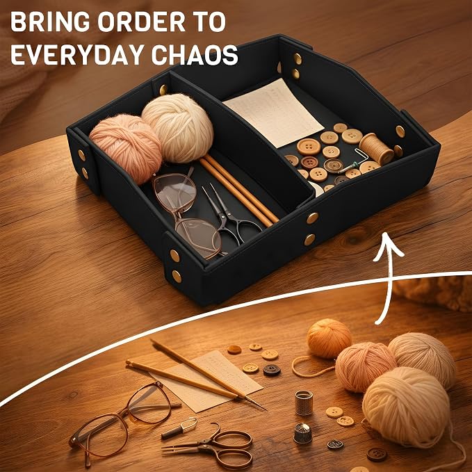 Valet Tray Organizer for Men & Women - PU Leather Catch All Tray with Removable Divider - EDC Storage for Keys, Watch, Phone - Nightstand, Dresser & Desk Organizer - Obsidian Black