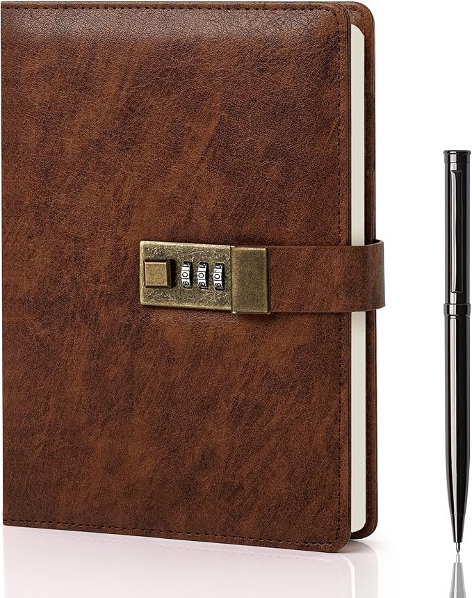 WEMATE Diary with Lock, A5 PU Leather Journal with Lock 240 Pages Brown | Vintage Lock Journal Password Notebook with Pen & Gift Box, Lock Diary Planner Organizer for Men and Women, 8.6x5.8in