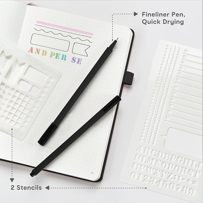 &And Per Se Dotted Journal Notebook 3 Pack, A5 Hardcover with Journal Dotted Pages, Stencils & Pens, 176 Numbered Pages Each for Students Teachers Office (Green)