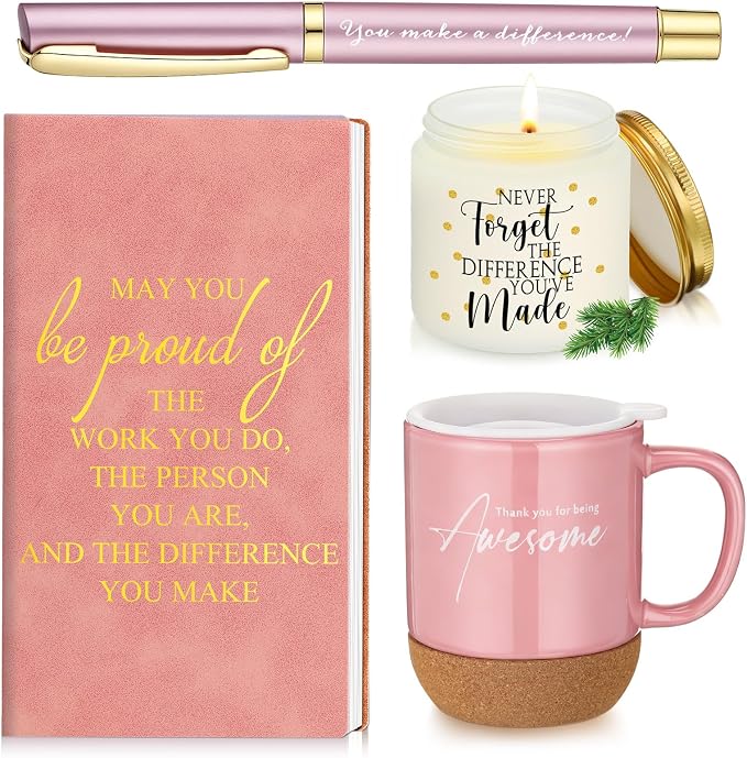 Sayglossy 4 Pcs Thank You Gift Set for Women Men Back to School Teacher Appreciation Gift Leather Notebook Inspirational Coffee Mug Scented Candle Ballpoint Pen for Employee Coworker Nurse Boss, Pink