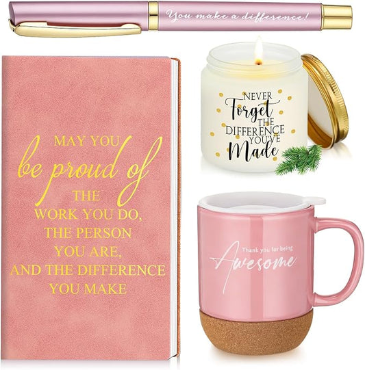 Sayglossy 4 Pcs Thank You Gift Set for Women Men Back to School Teacher Appreciation Gift Leather Notebook Inspirational Coffee Mug Scented Candle Ballpoint Pen for Employee Coworker Nurse Boss, Pink