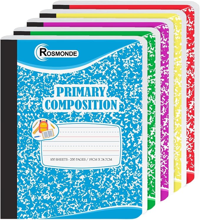 Rosmonde Primary Composition Notebooks, 5 Pack, Writing Dotted Lined | Composition Notebooks Primary Ruled, 200 Pages (100 Sheets), Grades K-2 Writing Workbook, 9-3/4" x 7-1/2", Assorted Marble