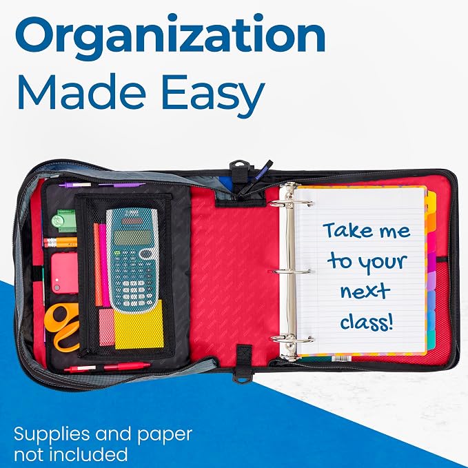 Case-it Mighty Zip Tab School Zipper Binder | 3-Inch O-Rings, 600-Sheet Capacity, 5-Subject Expanding File Folder, Multiple Pockets & Storage Organizer, Shoulder Strap | D-146 Fire Engine Red | 6 Pack