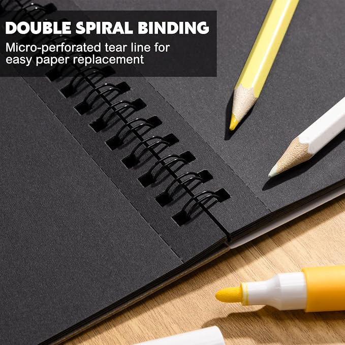 Black Paper Sketchbook 2 Pack, 7.6 × 10 in, 50 Sheets, Spiral Bound | 160gsm Acid-Free Black Paper, Mixed Media for Pencils, Chalk, Metallic Markers, Easy-Tear Pages, Lays Flat