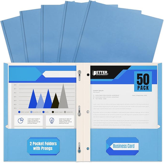 Better Office Products Light Blue Paper 2 Pocket Folders with Prongs, 50 Pack, Matte Texture, Letter Size Paper Folders, 50 Pack, with 3 Metal Prong Fastener Clips, Light Blue