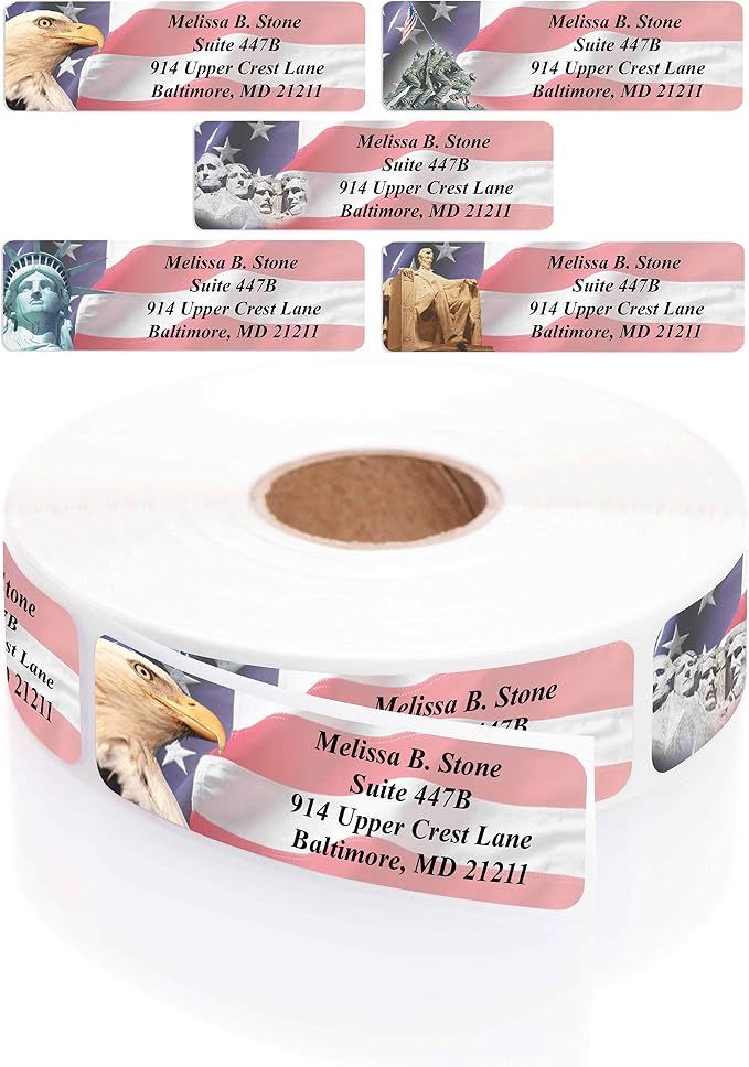 American Liberty Assorted Designer Rolled Address Labels - 250 Labels per Roll - 2 1/2 Inches Long x 3/4 Inch High - Elegant Plastic Dispenser Included