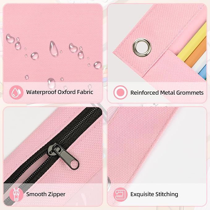 Lanpn Pencil Pouch for 3 Ring Binder 6 Pack, Pink Binder Pen Bags with Zipper, Cute 3 Holes Pencil Pouches Organizer for Boy Girl Kids School Student, Reinforced Grommets & Clear Window