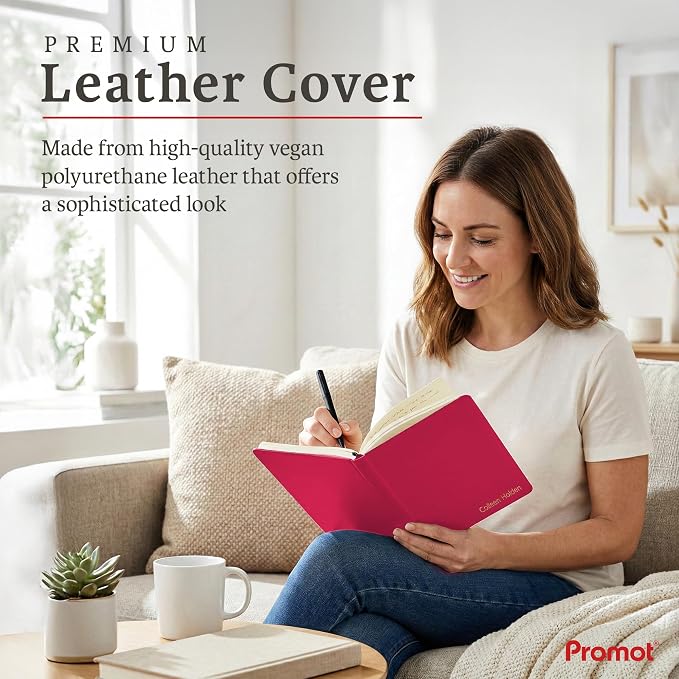 Promot PU Leather Ruled Journal Notebook- Custom Gold Metallic Text (Pink) | Premium Leather-Look Cover, Smooth Lined Writing Pages, Durable Everyday Construction, Lay-Flat Writing Experience