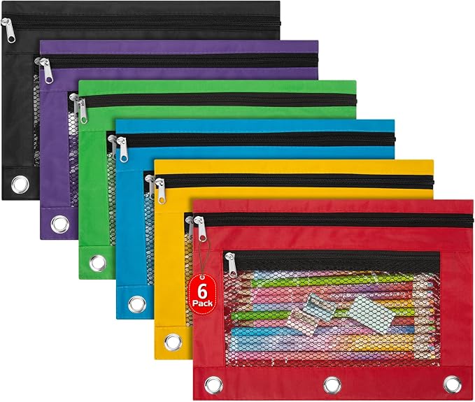 IKAYAS 6 Pack Pencil Pouch for 3 Ring Binder, Pencil Bags for Classroom Bulk Pencil Pouch Box Pencil Case for Storing School Teacher Supplies, 6 Colors