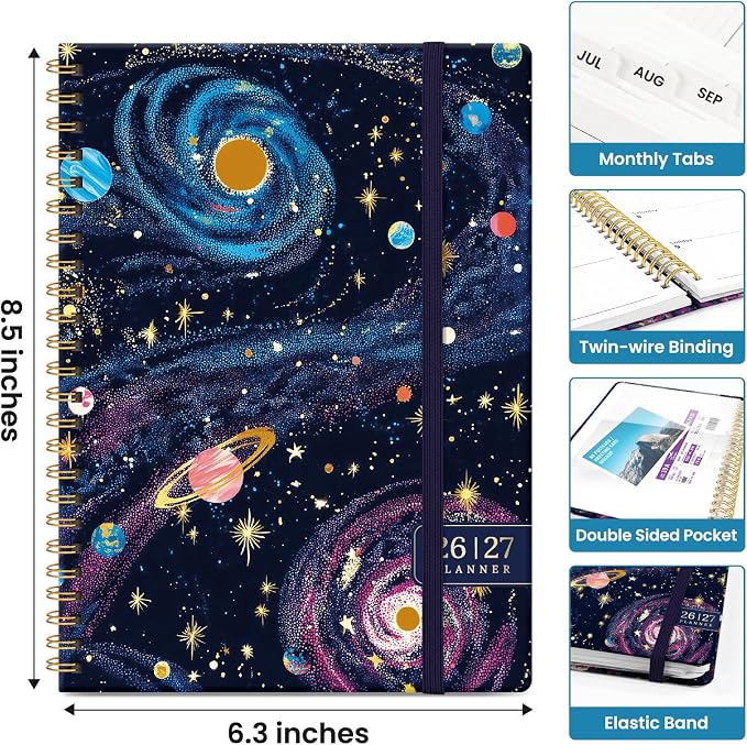 Planner 2026–2027, Academic Monthly Weekly Spiral Calendar, July 2026 – June 2027, Hardcover Agenda Notebook with Tabs, 6.3" x 8.5", Perfect for Students, Teachers, School & Daily Planning - Galactic Swirl