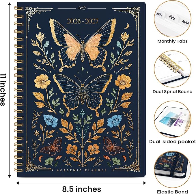 Academic Planner 2026-2027, Weekly and Monthly Calendar Book, July 2026 – June 2027, Hardcover Planner with Tabs, Perfect for Teachers, Students, Women & Men, A4 (8.5" x 11") - Golden Butterfly