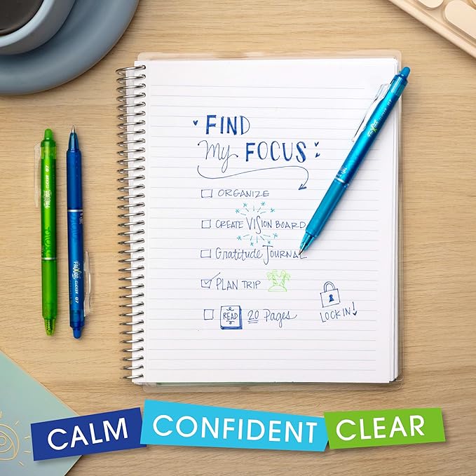 Pilot, FriXion Vibe Clicker Premium Erasable Gel Ink Pens, Find Your ZenFocus Vibe, Calm & Confident Colors, 7 Pack, Fine Point 0.7 mm, Assorted Blue/Green Inks