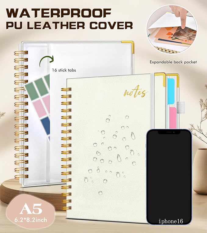 5 Subject Spiral Notebook Journal with Removable Dividers Tabs, 300 Pages Organizer Notebooks for Work School, A5 Hardcover Leather Notebook College Ruled, Lined Journal for Women Men，White