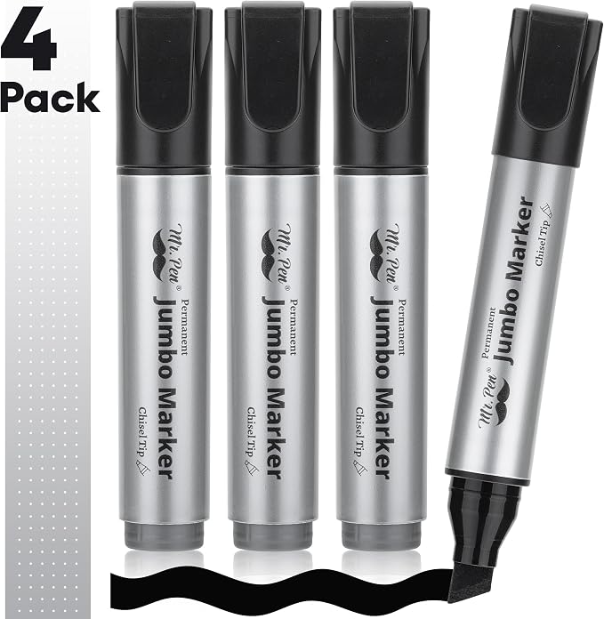 Mr. Pen- Jumbo Permanent Markers, 4 Pack, Black, Chisel Tip | Wide Tip, Large, Thick Permanent Markers for Canvas, Posters Board, Fabric, Window, Glass, Wood, Waterproof, Quick Dry