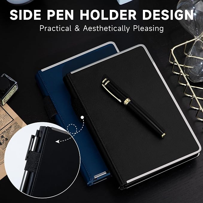 MINICAGIE Journal Notebook for Men Women Gifts Hardcover Leather Mens Journals for Writing 288 Pages 100 Gsm Paper Thick Journaling Notebooks for Work Diary, 5.7x8.3 In, Black