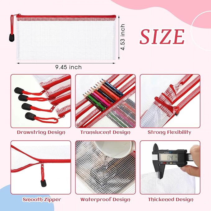 Zhehao 200 Pieces A6 Mesh Zipper Pouch Bulk Mesh Bags with Zipper Waterproof Small Pencil Pouches for Office Supplies Organization 9.4 x 4.5 Inches(Red)
