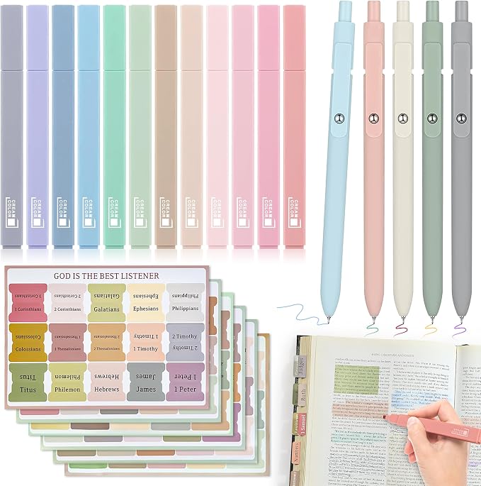DazSpirit Bible Journaling Kit, Bible Study Supplies Set for Women & Men | 12 Pastel No Bleed Highlighters and 5 Black Pens & Laminated Tabs, Bible Essentials, Christian Gifts
