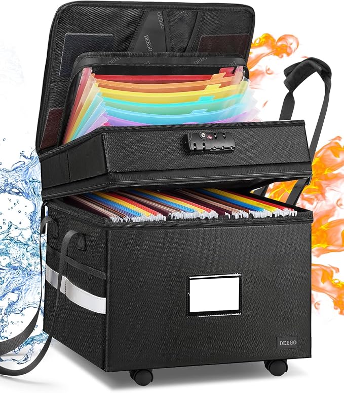 DEEGO 3 Layer Rolling File Box, Fireproof Document Box with Wheels | Multi-Layer Water-Resistant File Organizer Portable file Cabinet for Home Office for Hanging Letter/Legal Folder